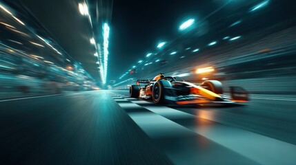 Fototapeta premium Formula 1 race car speeding on a racetrack dynamic motion blur photograph with vibrant lighting