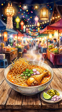 Traditional Thai Khao Soi noodle soup with chicken drumstick in vibrant night market watercolor illustration