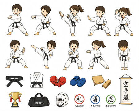 Cartoon illustration collection of children practicing karate poses, martial arts techniques, and karate equipment.