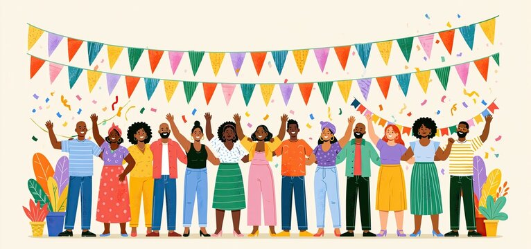 At a lively community gathering, a diverse crowd honors Black History Month with colorful banners and joyful decorations.