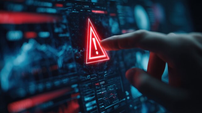 Red warning sign icon with exclamation point touched by a finger on a dark digital display
