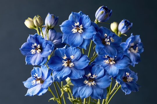 Blue delphinium flower bouquet elegant dark floral background