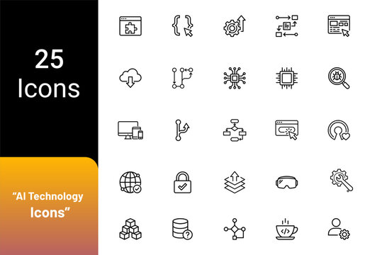 Set of 25 ai technology line icons for web and mobile development