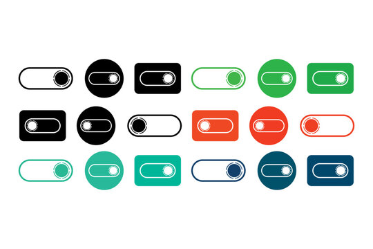 Toggle switch, on off slider, and settings control vector icon set. Active enabled slider and disabled switch symbol for mobile app interface, dark mode toggle, and web control panel. Isolated web gra