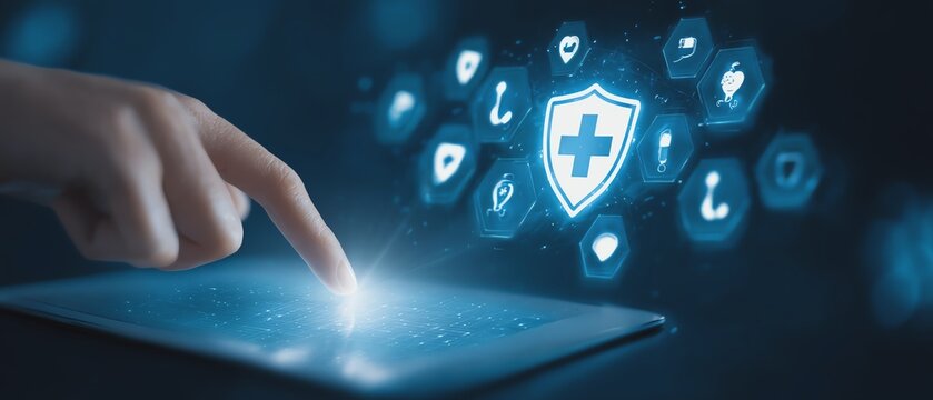 Digital health icon interaction on tablet device.