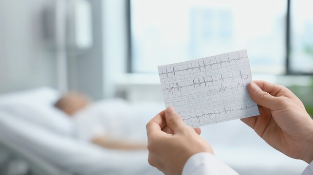 Doctor reviewing patient heart monitor printout.