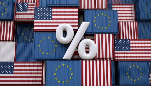 Shipping containers adorned with flags surround a large percent sign