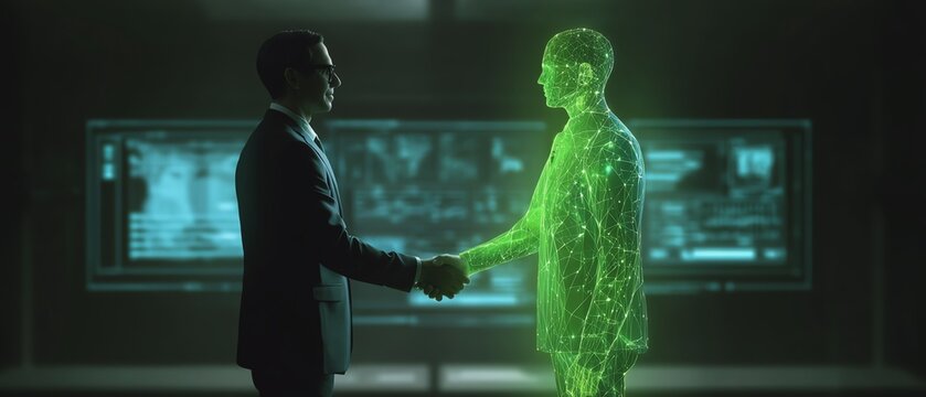 Futuristic handshake between human and hologram.