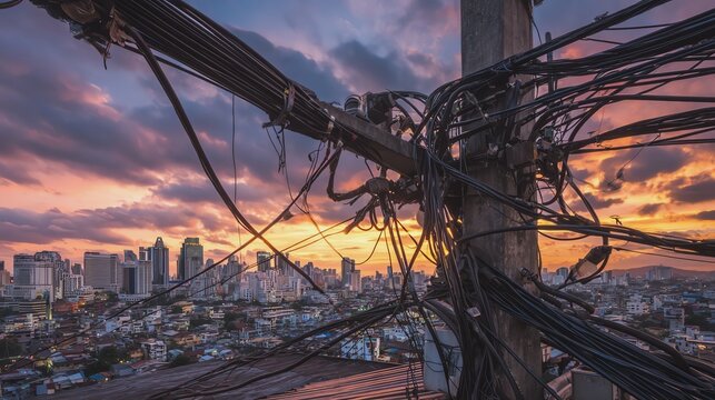 Urban skyline with dramatic sunset and cables.