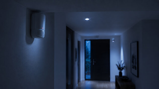 Home security motion sensor monitoring dark hallway at night for intruder detection and protection