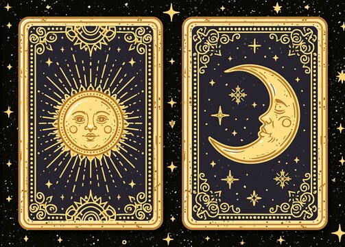 Elegant golden tarot cards with sun and moon designs on a dark cosmic background for spiritual themes.