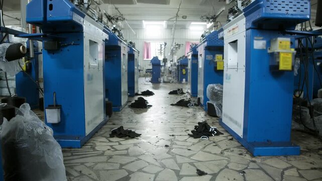 Wide interior view of textile factory featuring numerous industrial knitting machines and automated production systems