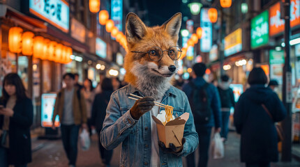 Fototapeta premium Fox eating in market, creative anthropomorphic lifestyle scene showing animal welfare, responsible care, wellbeing, humane values, education, community awareness, supporting responsible care education