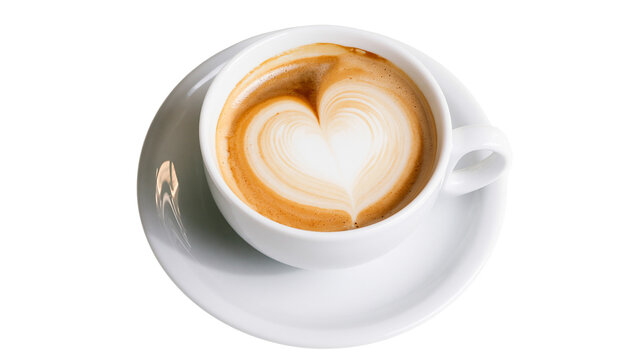 White cup of coffee with heart latte art on saucer