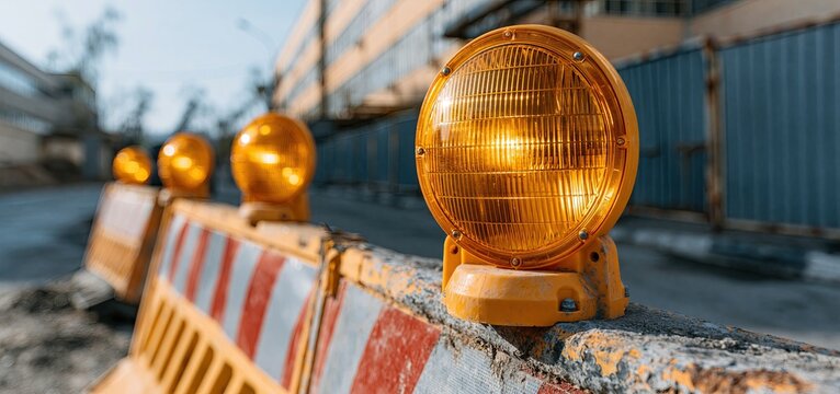 Sunlit amber safety lights mounted on textured barricades with reflective tape in an industrial environment.