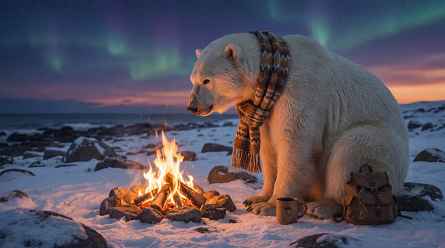 Polar bear camping in home, creative anthropomorphic lifestyle scene exploring animal behavior, responsible care, companionship, wellbeing, humane values, education, modern lifestyle