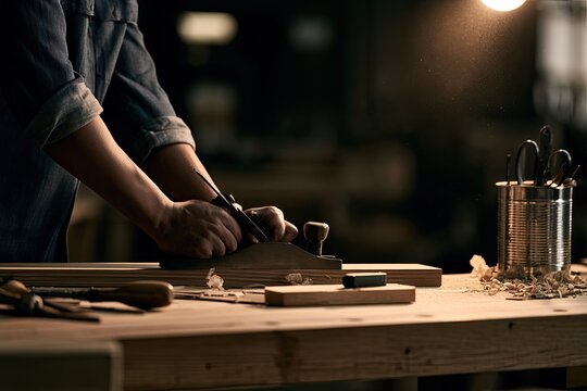 Hands expertly use a hand plane to shape a wooden plank in a workshop