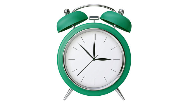 Green twin bell alarm clock with white face and silver legs