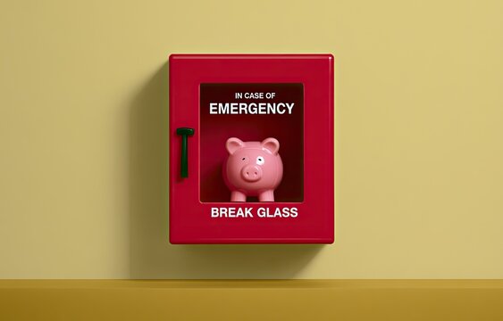 Red emergency box with piggy bank inside, wall-mounted