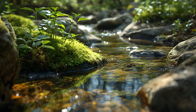 Close up of a mossy rock in a forest stream with environment tranquil outdoors