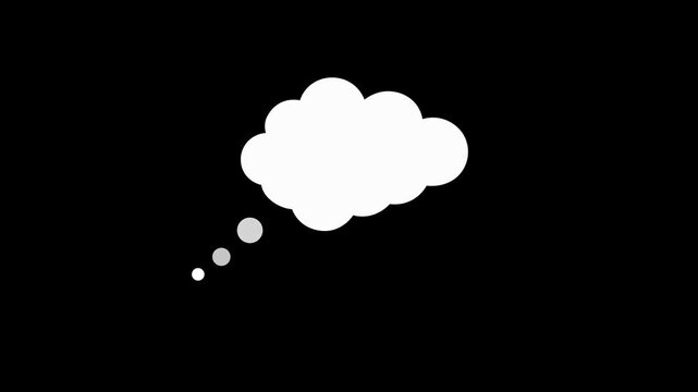 Minimalist Thought Cloud Bubble Animation, White Comic Speech Cloud on black background, Simple Flat design thinking icon for motion graphics, motion, graphics, video, element, communication, idea.