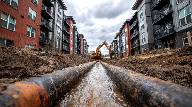 Urban construction site with excavated trenches and large diameter pipes a low angle photograph excavation