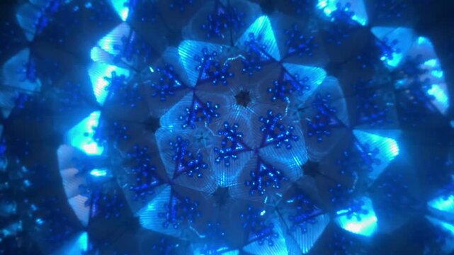 Blue kaleidoscope pattern shifting with symmetrical abstract shapes and glowing lights in mesmerizing motion