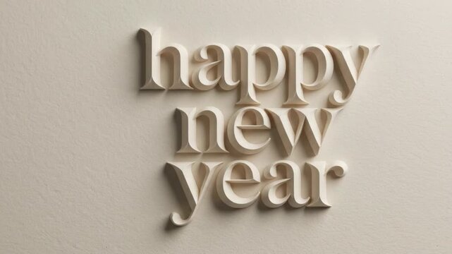 happy new year 3d lettering on textured beige wall with soft shadows and minimal sparkle animation