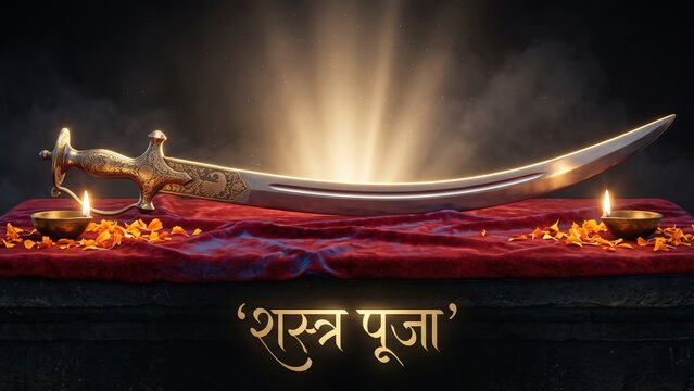 Indian Sword &ndash; Shastra Puja Festival Banner.

