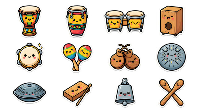 Set of cute cartoon musical percussion instruments with happy faces including drums maracas tambourine bell and cajon in a colorful hand drawn style