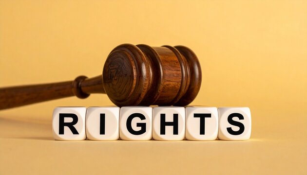Legal rights and justice concept with judge&rsquo;s gavel and cubes spelling &ldquo;RIGHTS&rdquo; on beige background.