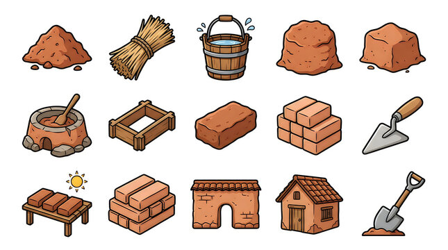Set of clay brick and mud construction icons for building houses featuring tools materials and structures in a cartoon style