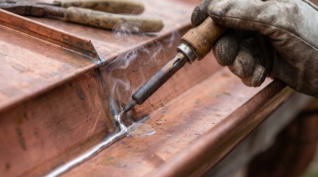 Close-up of a craftsman's hand in a glove soldering copper gutters with an old-fashioned soldering iron, showing the molten solder and rising smoke. Perfect for craftsmanship and home repair themes.
