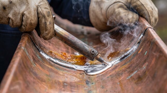 Close-up of a craftsman's gloved hands soldering a copper gutter or pipe, showing molten solder and smoke. Illustrates metal joining, repair, and skilled workmanship.