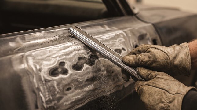 Skilled hands in gloves meticulously sand a raw metal car body panel, preparing it for paint during auto restoration. Essential step in vehicle repair and custom builds.