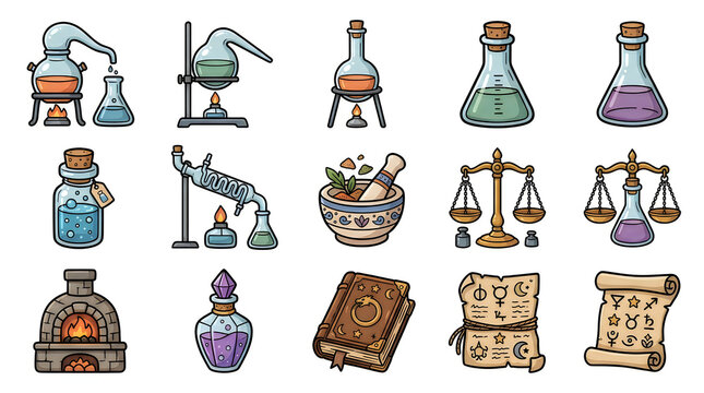 Set of colorful alchemy and chemistry icons including glass beakers, potions, vintage books, scrolls, and scales for magic, science, and laboratory experiments