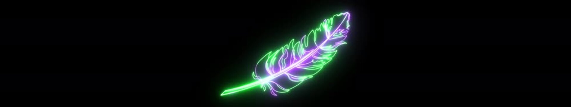Ultrawide Neon Feather Outline Animation &ndash; Glowing Fantasy Feather on Black Background, Magical Light Effect, Seamless Loop, 4K Widescreen Motion Graphics with Alpha