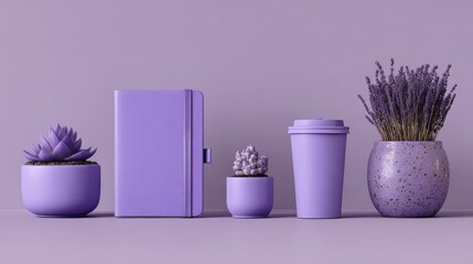 Naklejka premium Lavender monochromatic arrangement featuring a notebook potted succulents travel cup and floral vase purple still