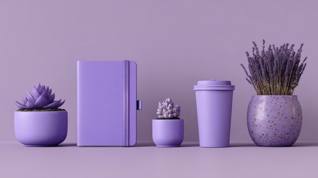 Lavender monochromatic arrangement featuring a notebook potted succulents travel cup and floral vase purple still