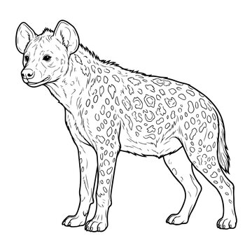 Realistic black and white line of a spotted hyena standing in profile on a clean white background, for coloring books