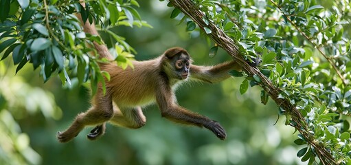 Obraz premium Spider monkey leaping through dense tropical foliage with energetic movement in a vibrant jungle setting.
