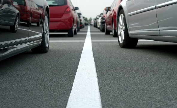 Close-up on asphalt with white line dividing rows of parked cars