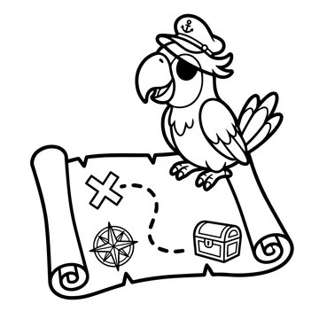 Pirate parrot wearing a captain hat and eye patch standing on a treasure map with a compass and chest for kids coloring page