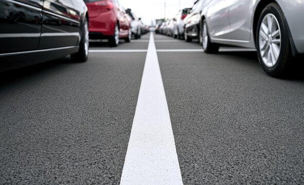 Rows of parked cars on asphalt, separated by white lines