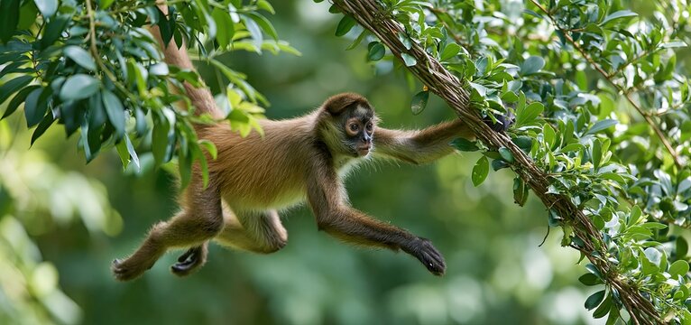 Spider monkey leaping through dense tropical foliage with energetic movement in a vibrant jungle setting.