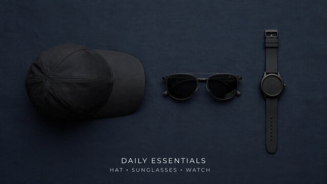 Flat lay of essential mens accessories including a cap, sunglasses, and watch.