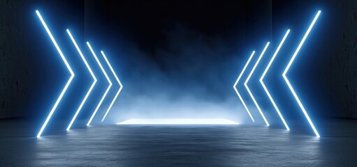 Fototapeta premium Vibrant blue neon arrows illuminate a dark interior, leading to a glowing misty center with a sleek futuristic vibe.