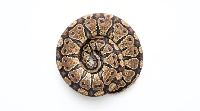 Ball Python Snake Curled in A Perfect Circle on White