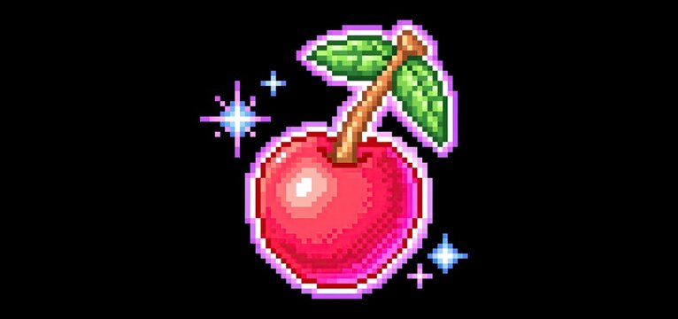 A glowing cherry in retro pixel art style, ideal for vintage gaming designs and digital projects.