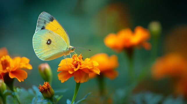 Beautiful yellow butterfly resting on vibrant orange flower in lush natural garden, macro close up of delicate wings and colorful bloom surrounded by soft blurry bokeh on a bright sunny spring or summ